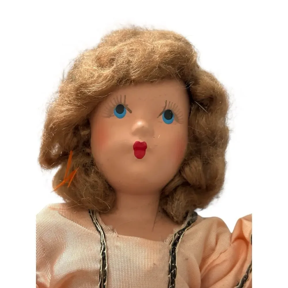 Miss Hollywood Doll 1940s Hand Painted Peach Dress Brown Hair Blue Eyes
